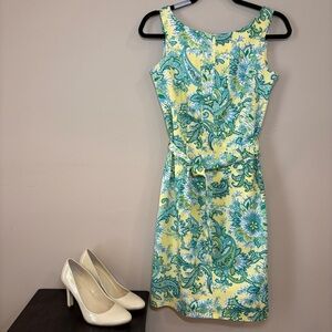 Kim Rogers Yellow Paisley with Blue and Green Design Sleeveless Dress, Small EUC